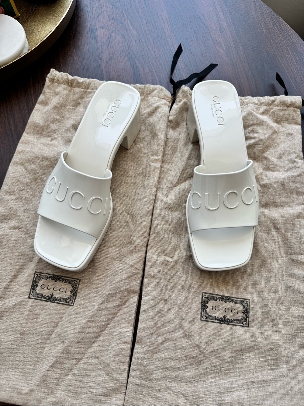 Gucci 60mm Slide Sandal White Rubber Embossed Logo Block Heel Slides - Picture 1 of 5